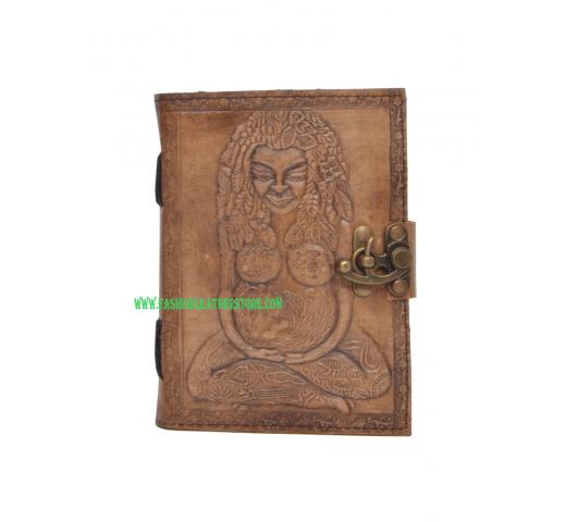 Handmade genuine Leather Journal New Design Charcoal Color Mother Goddess Embossed Notebook 